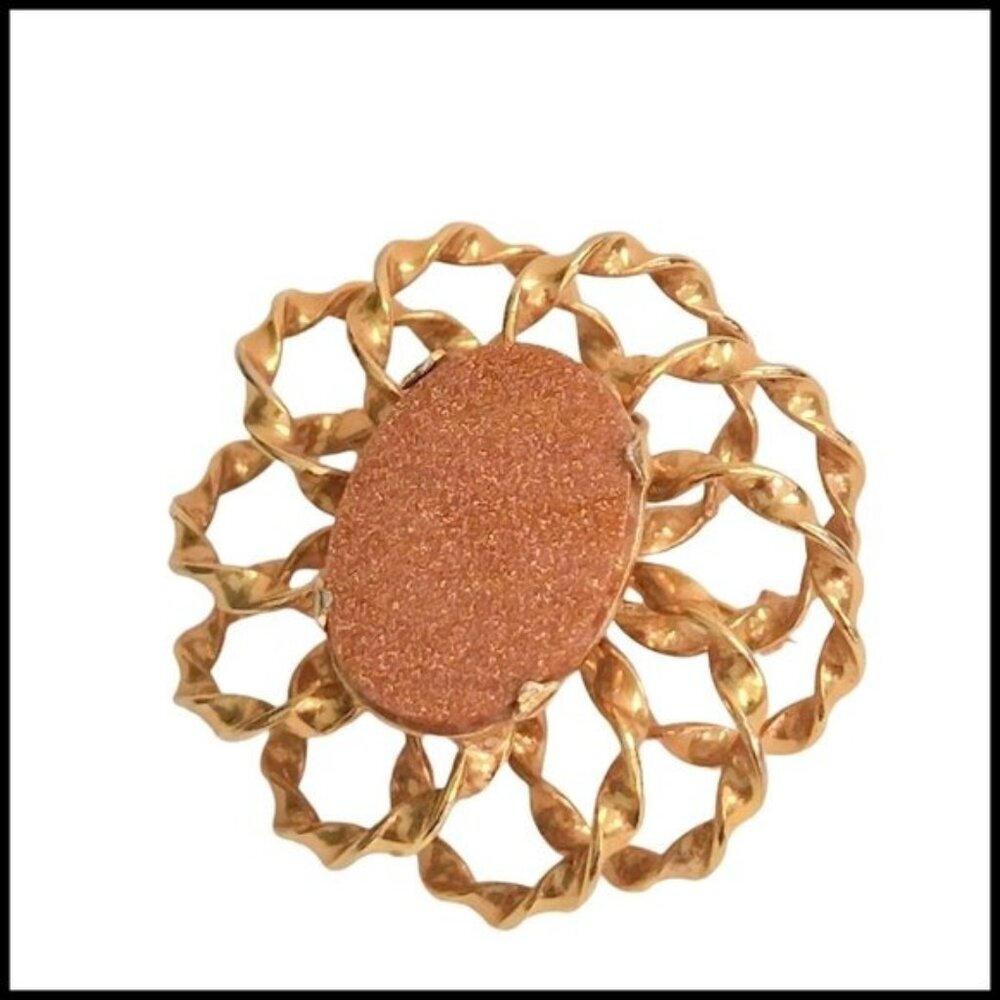 Vintage Dome Shape Gold Tone Brown Shimmer Stone Brooch Pin